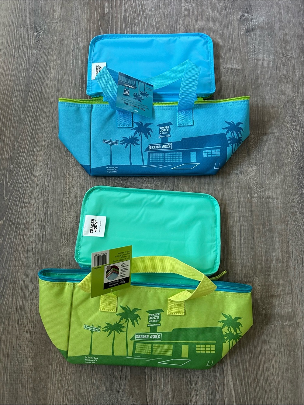 Set of 2 NWT Trader Joe's mini insulated cooler bag Lime and teal blue